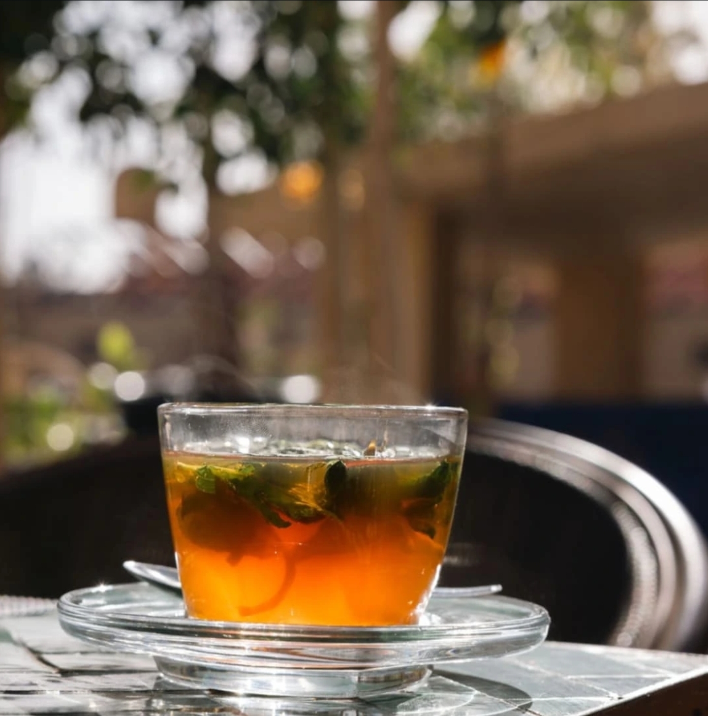 Thé à la menthe servi sur la terrasse